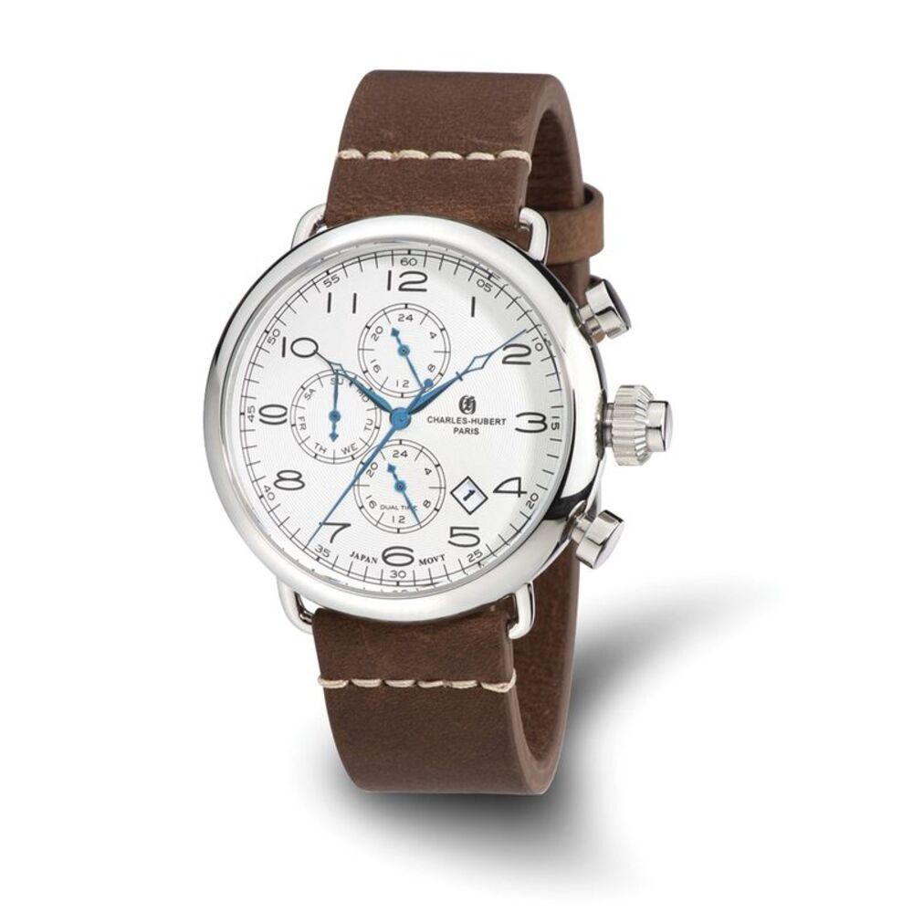 Charles Hubert Men's Stainless Brown Leather Band 46mm Dual Time Watch
